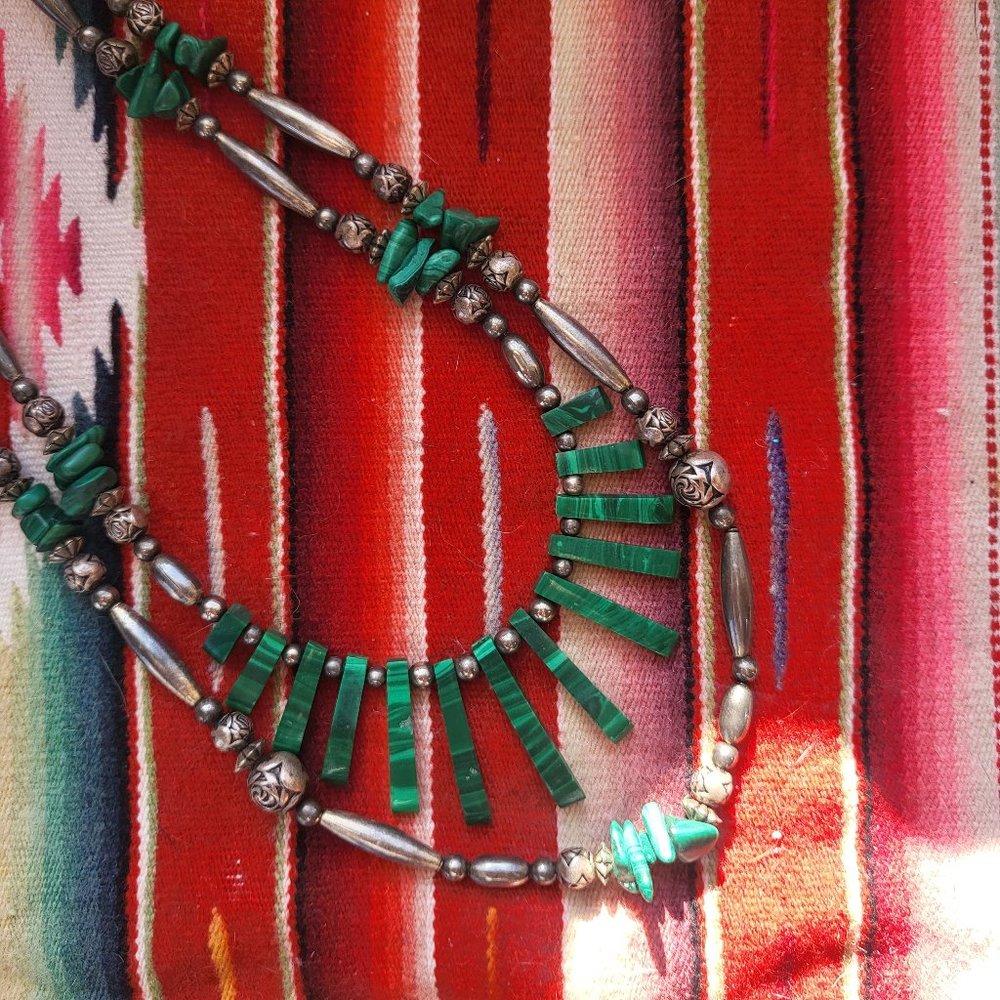 malachite and sterling silver old pawn necklace